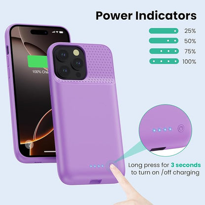 Feob Battery Case for iPhone 16 Pro Max,Ultra-Slim 8600mAh Portable Charger Cover 360°Protection Extended Battery Charging Case for iPhone 16 Pro Max-Purple