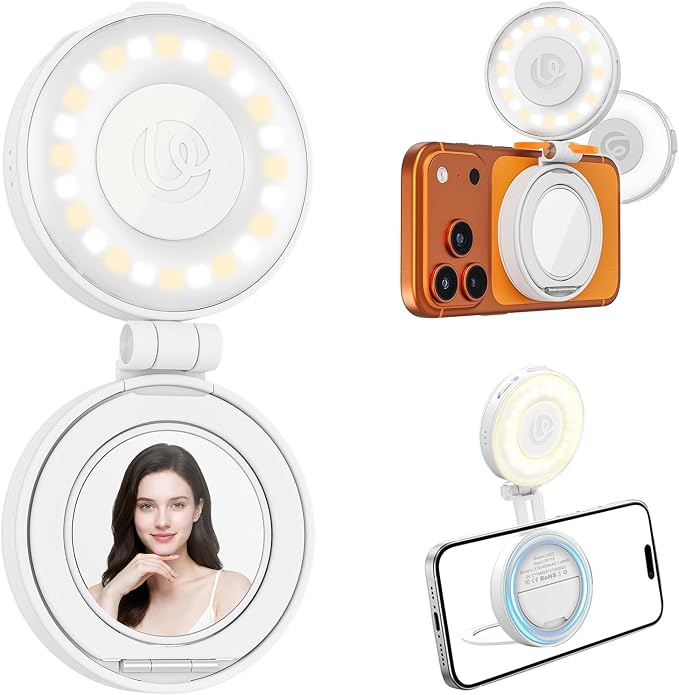 Magnetic Selfie Light, Upgraded ULANZI LM23 360° Phone Ring Light for iPhone Magsafe with Mirror & Stand, LED Phone Fill Lights for Selfies/Video Calls/Conference/Vlogging/Makeup - White