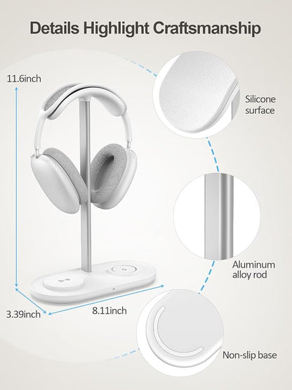 TopMade 5 in 1 Headphone Stand for Desk with Wireless Charger & USB Charging for iPhone/AirPods/iWatch, Universal Desktop Gaming Headset Holder for Airpods Max, Bose, Beats, Razer and More, White