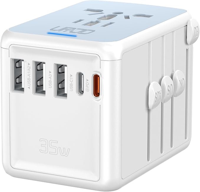 Universal Travel Adapter, 35W PD Fast Charging, for Europe UK US Japan | 5 USB C/A Ports & 2500W AC Outlet, International Power Adapter for 200+ Countries, Compatible with iPhone, MacBook, Tablet