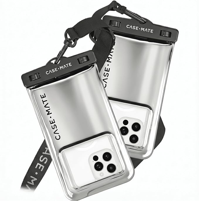 Case-Mate 2 Pack IP68 Waterproof Phone Pouch - Floating Waterproof Phone Case w/Crossbody Lanyard - Beach Cruise Ship Travel Essentials - Compatible w/All Devices, Touchscreen Friendly - Silver Chrome