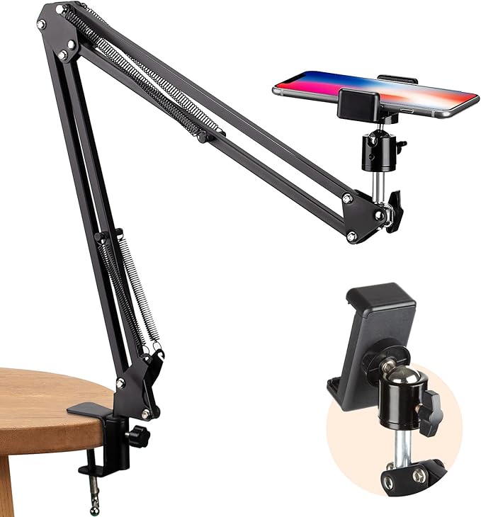 TARION Overhead Video Arm Articulating Flexible Cell Phone Holder for Desk Table Phone Stand Holder for Overhead Video Filming Livestream Flat Photography Videography