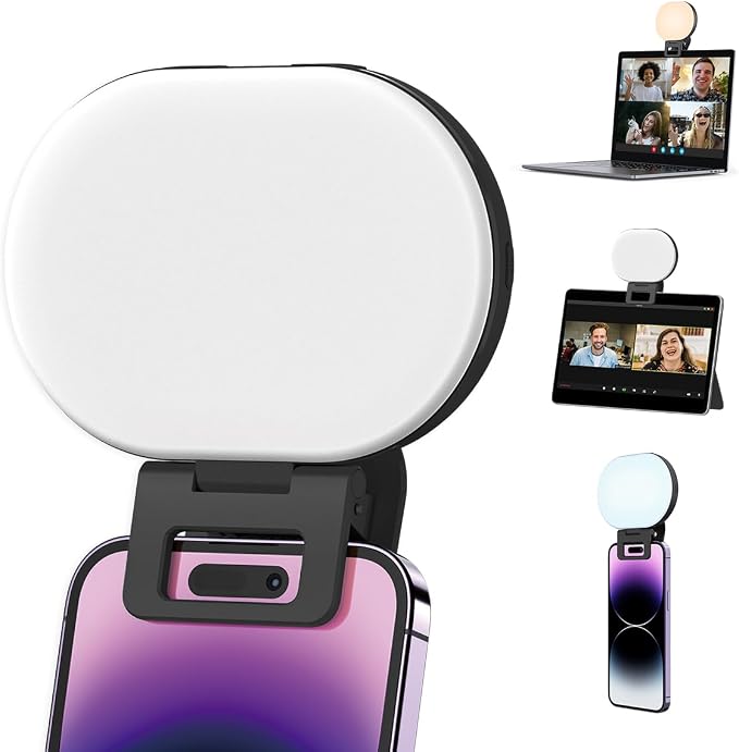 Portable Selfie Light Rechargeable 2000mAh 2700-6500K, Phone Light with Silicon Clip Type-C, 3 Color Modes for Phones Cameras Laptops iPads Perfect for Makeup Video Calls TikTok & Vlogs