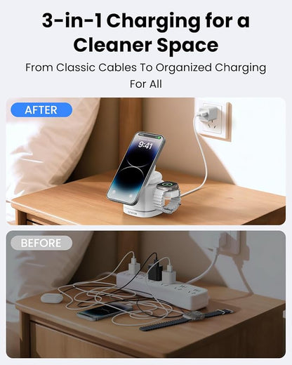 Gitryin Magnetic Wireless Charger Stand for Apple Devices, 3 in 1 Travel Charging Station, 15W Foldable Charging Dock for iPhone 17/16/15/14/13/12, Apple Watch Ultra, AirPods 4 3 Pro