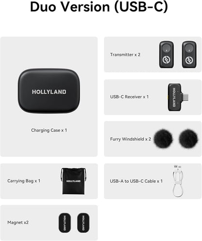 Hollyland Lark A1 Wireless Microphone for iPhone 17/16/15 & Android, 48kHz/24-bit, 3-Level Intelligent Noise Cancel, Mini Mic for YouTube, Podcast, Vlogging (Black, 2TX + USB-C RX + Charging Case)