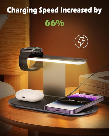 KeeKit Wireless Charger, 4 in 1 Wireless Charging Station with Dimmer Night Light, Fast Charging Dock for iPhone, iWatch, AirPods, Lamp Charging Station for Bedroom, Desk, Office