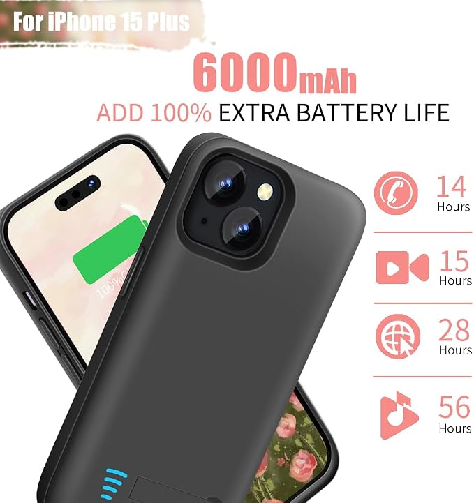 Battery Case for iPhone 15 Plus, 6000mAh Rechargeable Extended Battery Charging Charger Case, Add 100% Extra Juice (6.7 Inches) Black