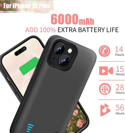 Battery Case for iPhone 15 Plus, 6000mAh Rechargeable Extended Battery Charging Charger Case, Add 100% Extra Juice (6.7 Inches) Black