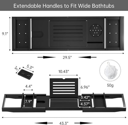 Bamboo Bathtub Tray for Luxury Bathroom, Expandable Premium Bath Tray w/Soap Towel Book Holder, Adjustable Bath Accessories for Tub,Extendable Tub Tray with Wine Glass Cup Organizer 29.5"-43.3" Black