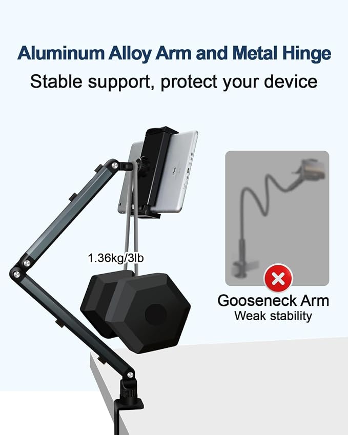 Tablet Desk Mount for ipad, Desk Clamp Aluminum Arm Portable Monitor Mount Suitable for 4.7-15.6" and Under 3 Pounds Phone, iPad mini/Air/Pro, Kindle, Galaxy Tab, Portable Monitor (Gray)
