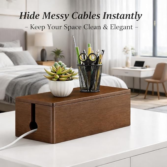 Real Wood Cable Management Box - Minimalist Home Office Decor - Walnut Finish Cord Organizer to Hide Wires & Power Strips - Spring Cleaning Essential for Desk & TV Stand - Safe for Pets & Kids