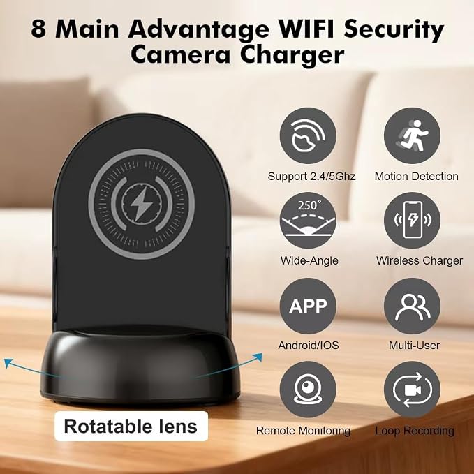 Security Camera WiFi Wireless Phone Charger, Security Cam Motion Activated,HD1080P(Rotate Lens) with 250°Viewing Angle, camaras espias ocultas for Home Office Security(2.4/5G)