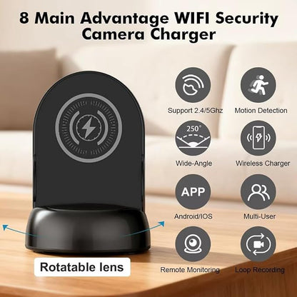 Security Camera WiFi Wireless Phone Charger, Security Cam Motion Activated,HD1080P(Rotate Lens) with 250°Viewing Angle, camaras espias ocultas for Home Office Security(2.4/5G)