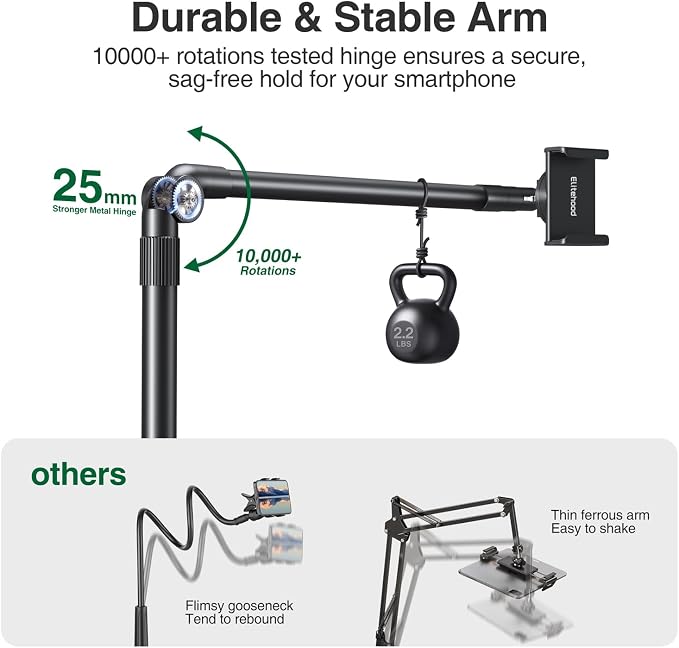 elitehood Aluminum Arm Phone Holder for Bed [360° Swivel Tilt Rotation], Adjustable Bedside Phone Holder Laying Down, iPhone Stand for Bed Desk Overhead, iPhone Clamp Mount Fit All 4-7’’ Cellphone