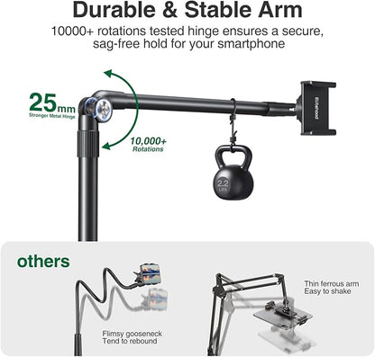 elitehood Aluminum Arm Phone Holder for Bed [360° Swivel Tilt Rotation], Adjustable Bedside Phone Holder Laying Down, iPhone Stand for Bed Desk Overhead, iPhone Clamp Mount Fit All 4-7’’ Cellphone