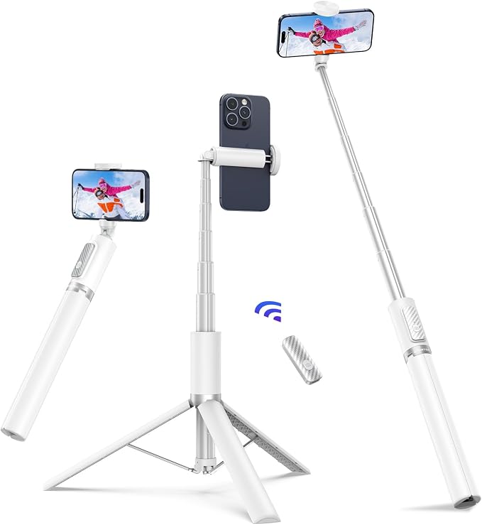 ATUMTEK 68.5" Selfie Stick Tripod, Extendable Aluminum Tripod with Rechargeable Bluetooth Remote, Compatible with iPhone and Android Smartphones, Perfect for Travel, Vlog, Video and Photo, White