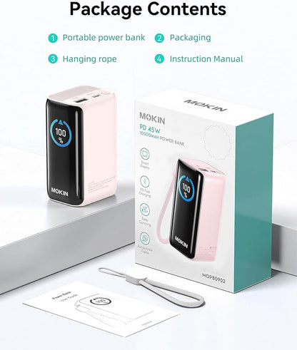 MOKiN Portable Charger with Built-in Retractable USB-C Cable, 45W Fast Charging 10000mAh Power Bank, Compact Travel Battery Pack for iPhone 17/16, Samsung Galaxy, iPad, Pixel and More