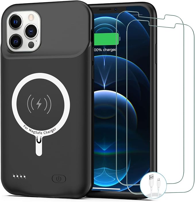 Battery Case for iPhone 12 Pro Max, [12000mAh] Enhanced Portable Protective Qi Wireless Charger Case Battery Pack with CarPlay Wireless Charging Case Compatible for iPhone 12 Pro Max (6.7 inch)-Black