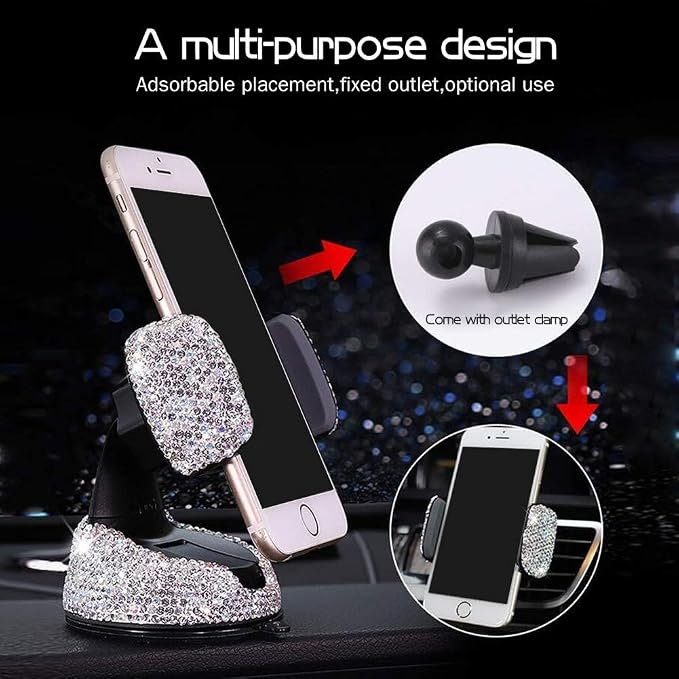 Dashboard Phone Holder Bling Phone Mount for Car,Car phone holder Mount with One More Air Vent Base,Phone Holder Car Accessories,Universal Car Phone Holder Mount for Windshield and Air Vent,Silver