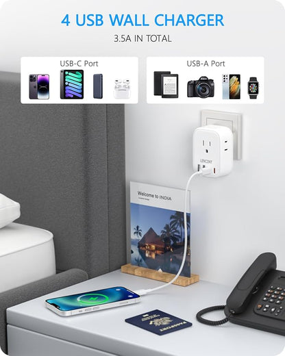 LENCENT US to India Power Plug Adapter, Indian Travel Adapter | 4 Outlets, 4 USB Ports(2 USB C), Type D Plug Converter for USA to India Nepal Bangladesh Maldives Pakistan, Safe Grounded