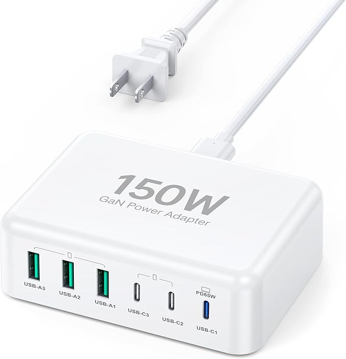 [2026 Updated] USB C Fast Charger, 150W GaN 6 Port Type C Charging Station Hub Block Cube, USB C Wall Charger Power Strip Adapter Plug for iPad iPhone 17 16 15 14 Pro Max Pixel Note Galaxy, 5ft Cord