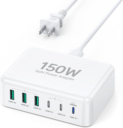 [2026 Updated] USB C Fast Charger, 150W GaN 6 Port Type C Charging Station Hub Block Cube, USB C Wall Charger Power Strip Adapter Plug for iPad iPhone 17 16 15 14 Pro Max Pixel Note Galaxy, 5ft Cord