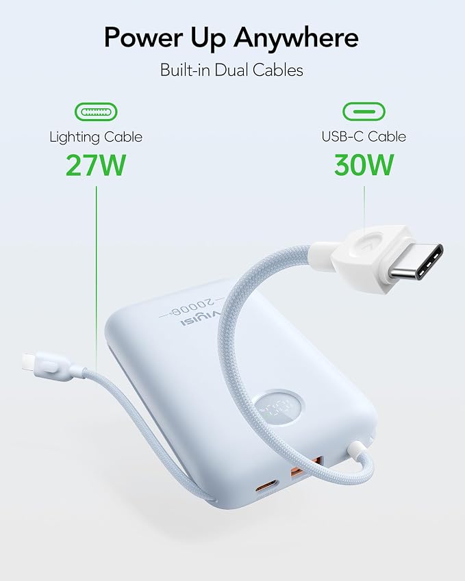 VIYISI Portable Charger 20000mAh 30W Fast Charging with 2 Cables | Power Bank with Built-in USB C & Lighting Cables, Compact Battery Pack Compatible with iPhone 17 16 15 Pro Max iPad, iPod