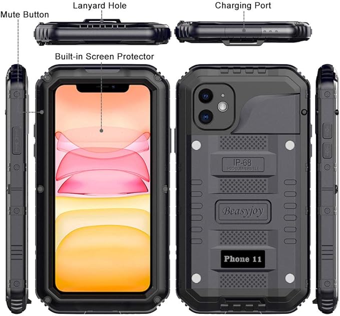 Beasyjoy for iPhone 11 Metal Waterproof Case - Heavy Duty, Shockproof, Dustproof, Rugged Defender, Built-in Screen, Outdoor Protection (Black)