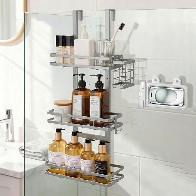 Over the Door Shower Caddy Hanging, Rustproof Shower Shelves with Waterproof Phone Pouch, Adjustable Bathroom Organizers and Storage, No Drilling Shampoo Soap Shelf (Silver 3-Tier)