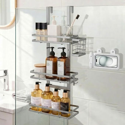 Over the Door Shower Caddy Hanging, Rustproof Shower Shelves with Waterproof Phone Pouch, Adjustable Bathroom Organizers and Storage, No Drilling Shampoo Soap Shelf (Silver 3-Tier)