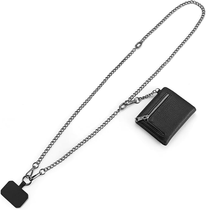 Diaclara Clip and Go Chain Phone Strap with Zipper Pouch- Stylish Crossbody Adjustable Chain Lanyard with Leather Wallet for All Phones, Black