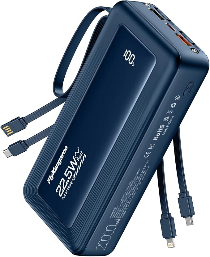 Portable Charger with Built-in Cables, 20000mAh Slim 22.5W Fast Charging Power Bank with LED Display, USB C Battery Pack 6 Outputs & 2 Inputs, Travel Essential Charger for iPhone, Samsung, Google etc