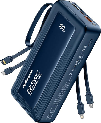 Portable Charger with Built-in Cables, 20000mAh Slim 22.5W Fast Charging Power Bank with LED Display, USB C Battery Pack 6 Outputs & 2 Inputs, Travel Essential Charger for iPhone, Samsung, Google etc