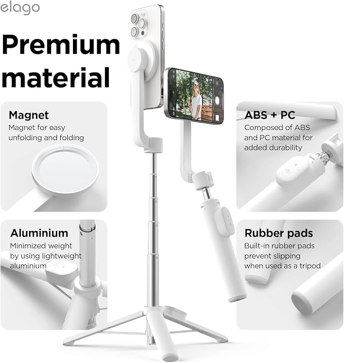 elago Magnetic Selfie Stick Tripod Compatible with MagSafe for iPhone and Galaxy, Strong Magnetism, Portable, Lightweight, Extendable [Pouch, Bluetooth Remote, Guide Sticker Included] [White]