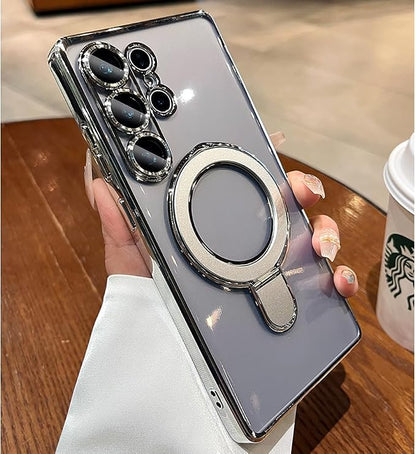 Magnetic for Samsung Galaxy S24 Ultra Case Stand & Ring Holder Compatible with MagSafe Built-in Camera Lens Protector Phone Case for Samsung S24 Ultra - Silver