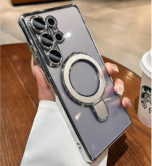 Magnetic for Samsung Galaxy S24 Ultra Case Stand & Ring Holder Compatible with MagSafe Built-in Camera Lens Protector Phone Case for Samsung S24 Ultra - Silver