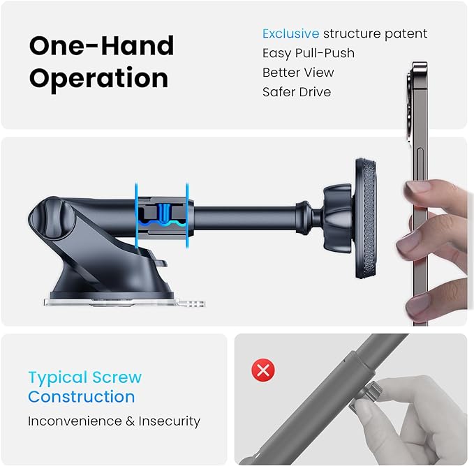 APPS2Car Magnetic Phone Mount for Car, Dashboard & Windshield Suction Cup Holder with Telescopic Arm, Requires Metal Plate (Included), Universal Fit for iPhone & Android Smartphones