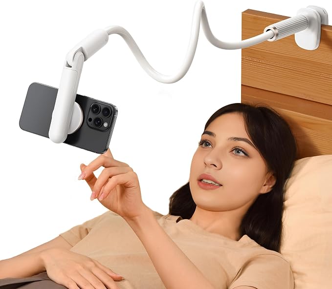Magnetic Gooseneck Phone Holder for Bed, Flexible Long Arm Cell Phone Stand with Clamp Mount, 900° Rotation Overhead Phone Mount for Bedside, Headboard,Desk, Compatible with iPhone 17 Pro Max