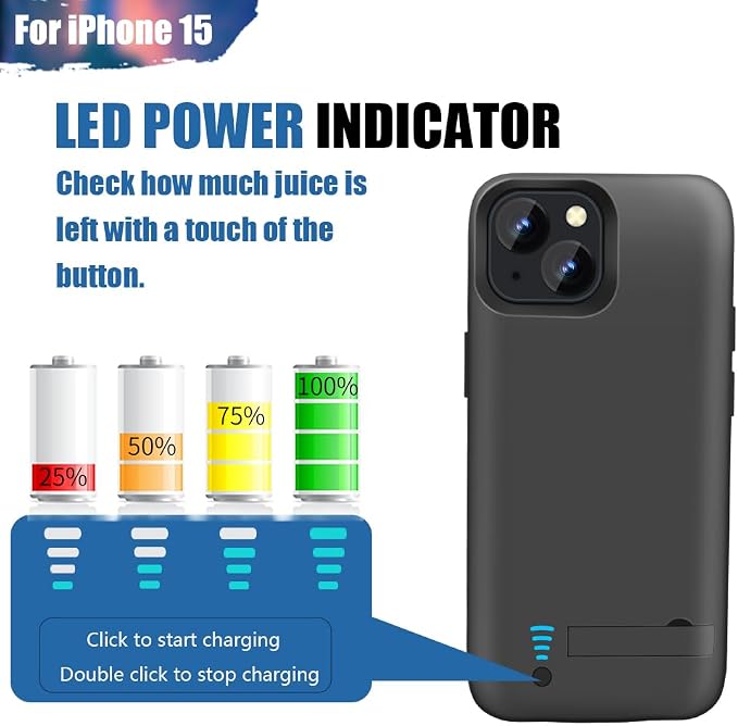 Sitong Battery Case for iPhone 15, 5000mAh Rechargeable Extended Battery Charging/Charger Case, Add 100% Extra Juice (6.1 inch) Black