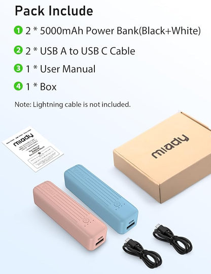 Miady 2-Pack Small Portable Charger 5000mAh Power Bank Travel Battery Pack | Dual USB丨Pocket Size丨Lightweight丨for Backpack丨Compatible with iPhone Android etc丨18.5Wh丨Flight-Safe丨Ultra-Compact丨Blue+Pink