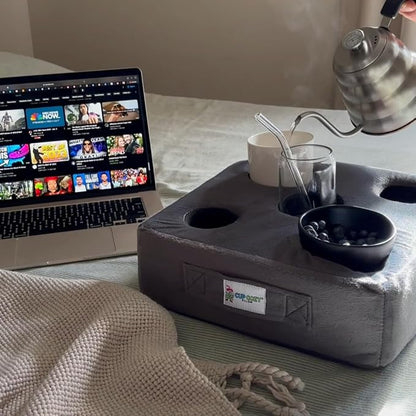 Cup Cozy Deluxe Pillow (Gray) *As Seen on TV* -The World's Best Couch Cup Holder Pillow! Cup Holder Pillow for The Couch, Sofa, Bed, Car, RV, Park & More! Drinks, Remotes, & Snacks Holder Tray