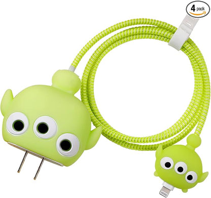 3D Cute Cartoon Charger Protector Case - Compatible for Apple 20W USB-C Power Adapter and Lightning Cable, No.04(4in1)