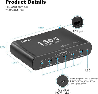 150W Charging Station for Multiple Devices, 6-Port GaN USB (100W Max) PD Fast Charger Block with USB-C to USB C 100W Cable for iPhone 16 15 iPad Pro Tablets Laptop MacBook Pro Dell and More