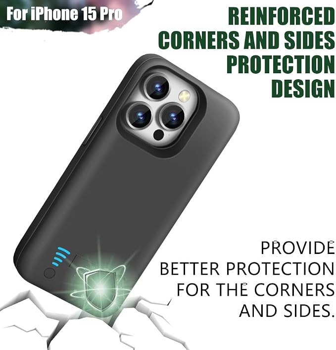 Sitong Battery Case for iPhone 15 Pro, 5000mAh Rechargeable Extended Battery Charging/Charger Case, Add 100% Extra Juice (6.1 inch) Black