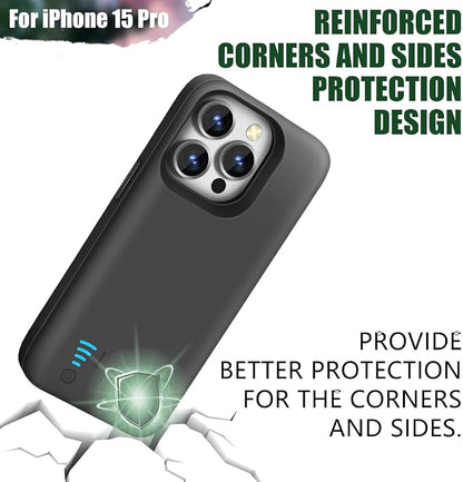 Sitong Battery Case for iPhone 15 Pro, 5000mAh Rechargeable Extended Battery Charging/Charger Case, Add 100% Extra Juice (6.1 inch) Black