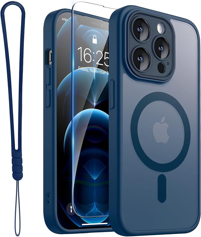 ROYBENS for iPhone 12 Pro-Max Matte Clear Case Compatible with Magsafe, Full Camera Lens Protection, Screen Protector, Wrist Strap, Translucent Magnetic Slim Hard Protective Phone Cover, Navy Blue