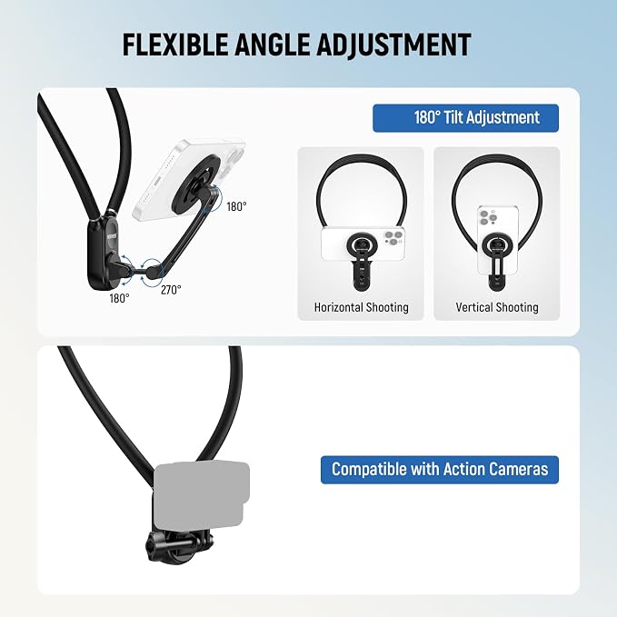 NEEWER Magnetic Neck Holder for Action Camera & Phone, Hands Free Tripod Chest Mount Compatible with GoPro DJI Insta360 Magsafe iPhone Android, Phone Holder for Video Recording POV Vlog, GP16