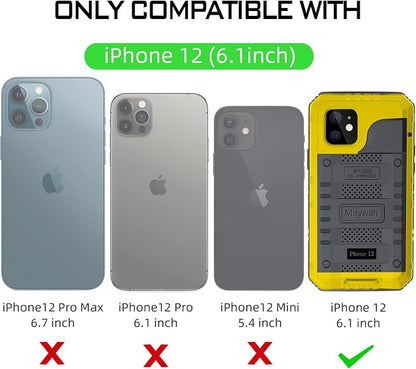 Mitywah Waterproof Case for iPhone 12, Heavy Duty Shockproof Case with Built-in Screen Protector, Full Body Underwater Protective Metal Case 6.1 inch, Yellow