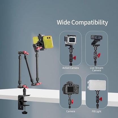 Magic Arm with Clamp, Long Articulating Arm Camera Mount, Adjustable Phone Mount Holder 360° Rotation, Mic Arm for Microphone, LED Lights, for Phone, Tripod, Desk, Table