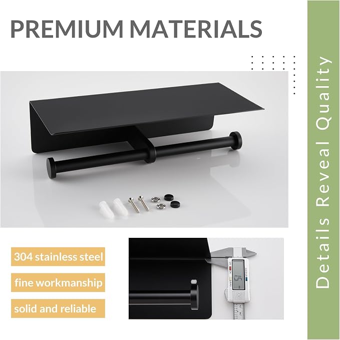 Toilet Paper Holder with Phone Shelf, APLusee SUS 304 Stainless Steel Bathroom Tissue Holder, Double Roll Paper Dispenser Wall Mounted, Matte Black